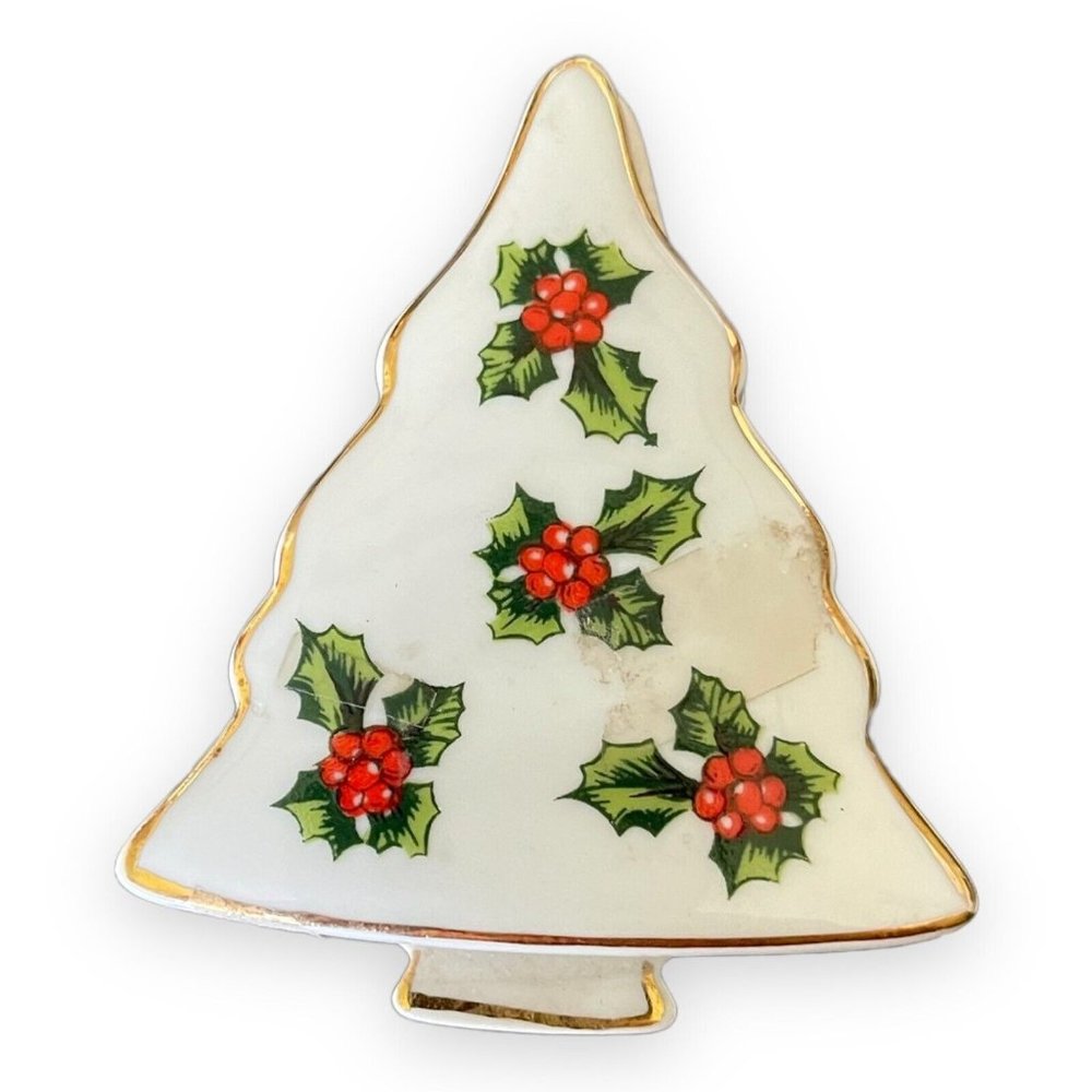 Vintage Lefton Japan Christmas Holly Berry Tree Trinket Box